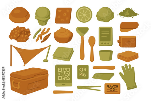 Hand-drawn food service and snack icons with warm gradient