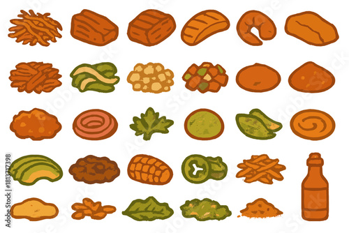 Set of hand-drawn taco ingredients and toppings icons