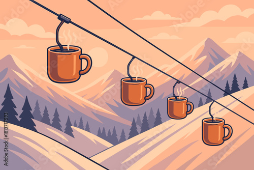 Whimsical coffee mugs riding ski lift over snowy mountains