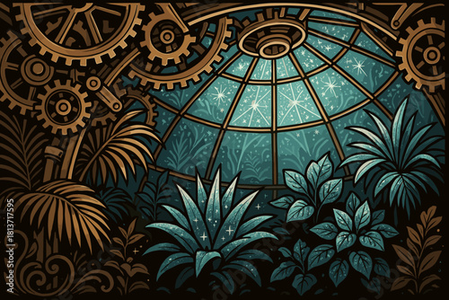 Fantasy greenhouse with gears and glowing plants at night