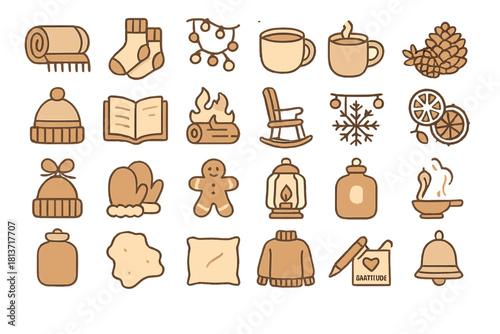 Warm hygge and holiday comfort icons on brown background
