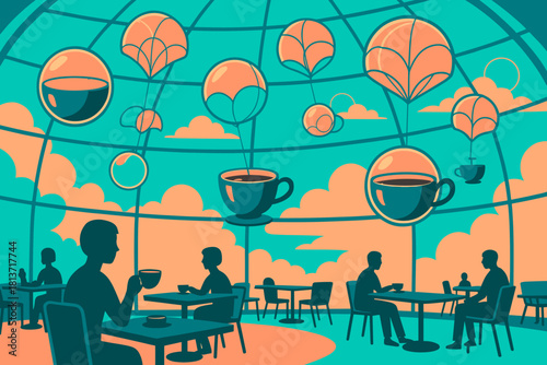 Surreal cafe scene with floating coffee cups and parachutes