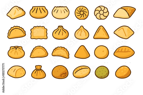 Hand-drawn dumpling and stuffed pastry icons on warm background