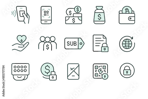 Set of modern finance and security icons on metallic background