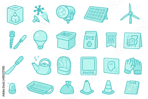 Winter emergency gear and safety item icon set