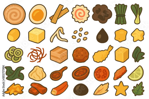 Cute illustrated icons of ramen toppings and soup ingredients