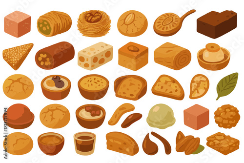 Hand-drawn vector set of assorted Asian sweets and snacks