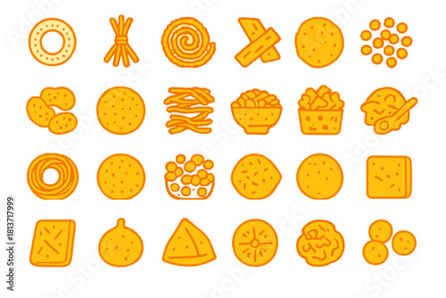 Bright snack food icons in glowing orange flat style