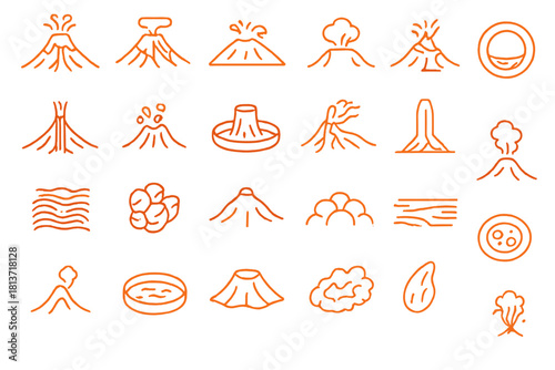 Set of minimal volcano and eruption line icons on orange