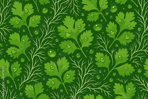 Seamless pattern of fresh cilantro leaves with water droplets