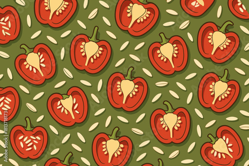Seamless pattern of red bell peppers and seeds on green background