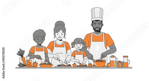 Joyful family actively prepares a healthy meal together, learning culinary skills in a vibrant, modern kitchen setting