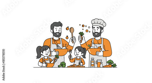 Joyful family cooking together, dads and daughters creating a healthy meal, sharing laughter and quality time in the kitchen