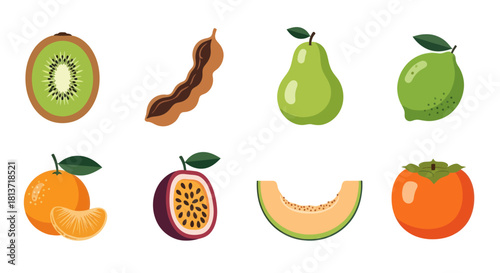 Assortment of colorful fruits kiwi tamarind pear lime orange passionfruit melon persimmon