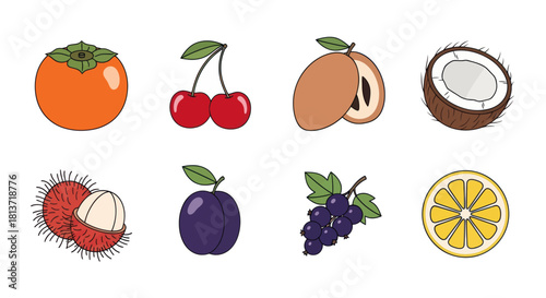 Assortment of colorful fruits persimmon cherries sapodilla coconut and more