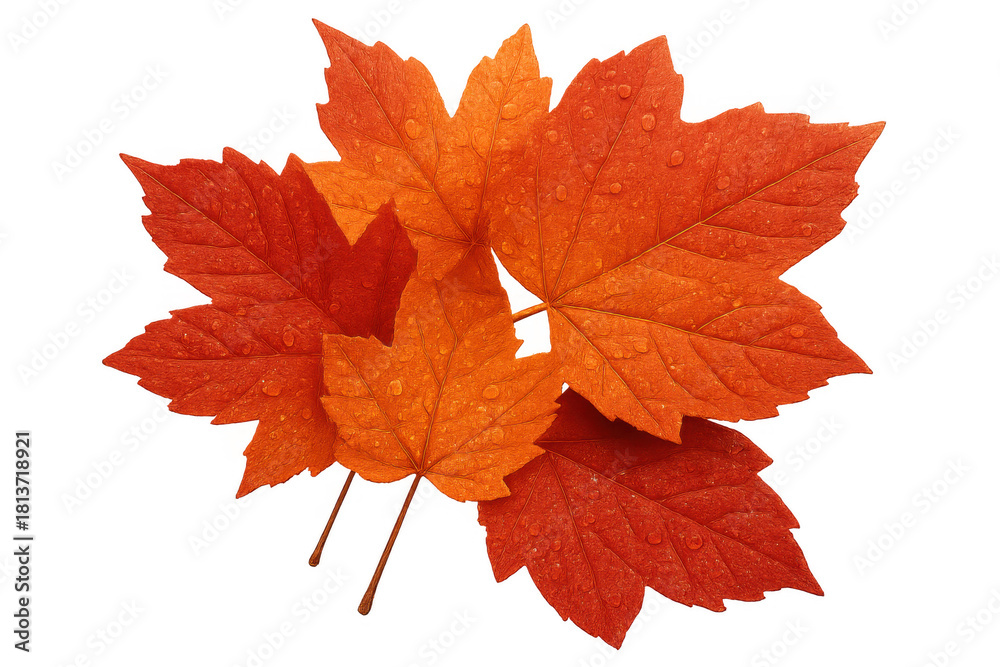 Fototapeta premium Vibrant maple leaves with water drops, symbolizing autumn and change, on a transparent background