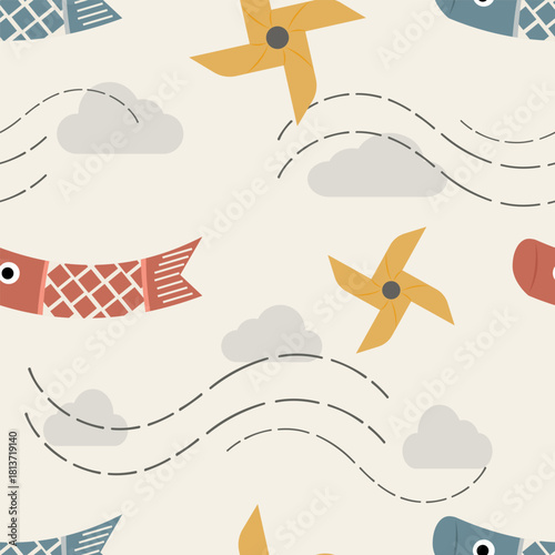 Wind and pinwheel seamless pattern. Vector flat design of Koinobori elements in motion. Dynamic Japanese Children's Day background for kids textile, party decor, or festive branding backdrop.