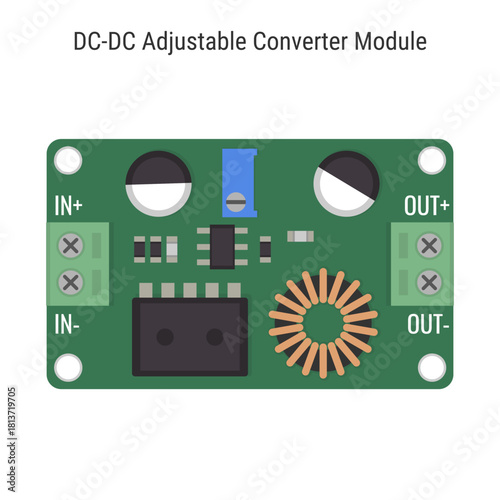 DC to DC Adjustable Converter Module with voltage regulator. Voltage converter vector illustration for educational content, DIY electronics guides, and technical documentation