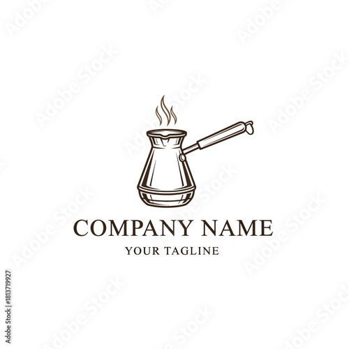 Elegant Turkish Coffee Pot Illustration with Steaming Coffee for Company Logo Design.
