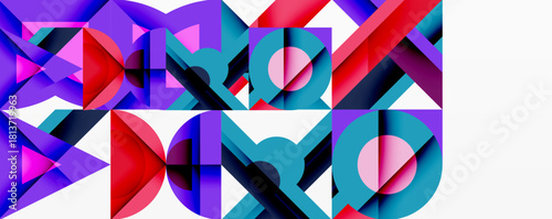 Abstract geometric composition. Vivid colors, sharp angles, overlapping shapes create dynamic visual experience. Modern design, digital art.