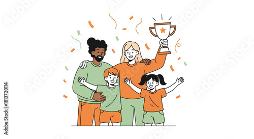 Joyful family celebrates victory with a trophy and confetti, embodying achievement and togetherness in a vibrant, modern style