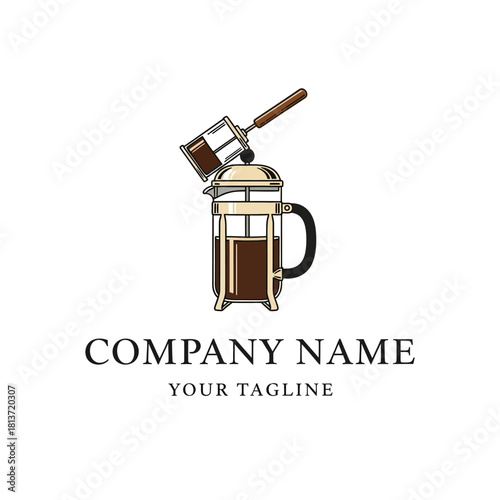 Elegant Coffee Brewing Tools Logo Design with French Press and Cezve.