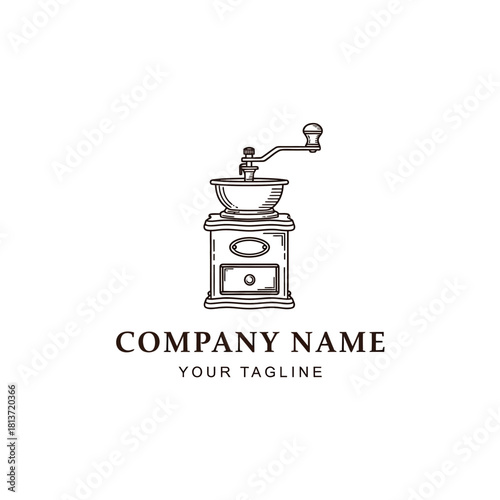 Hand drawn vintage coffee grinder logo design illustration.