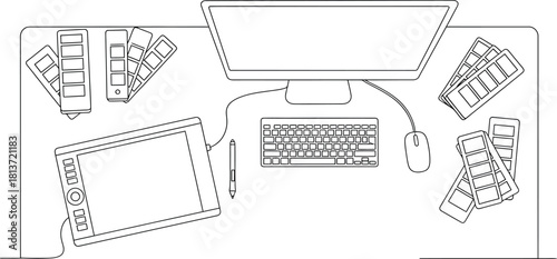 Graphic Designer Workspace Top View Line Art Illustration