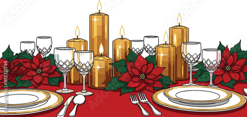 Elegant Christmas dinner table setting with candles and poinsettia decorations clean professional vector illustration