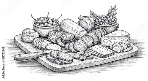 Hand-Drawn Charcuterie Board Illustration with Salami, Cheese, Olives, and Grapes