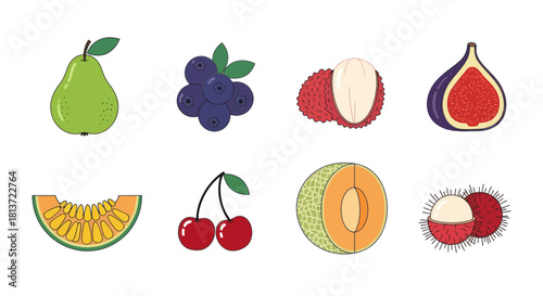 Assortment of fresh fruits pear blueberries lychee fig melon cherries and rambutan