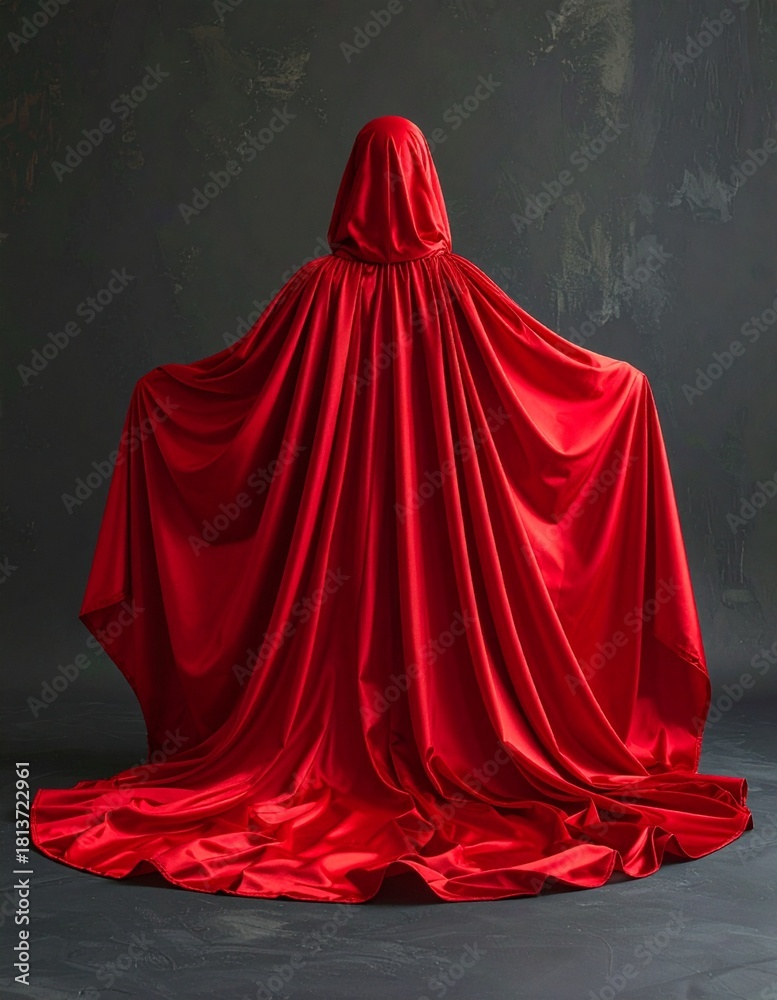 Naklejka premium Mysterious Figure in Flowing Red Cloak with Hood Against Dark Background.