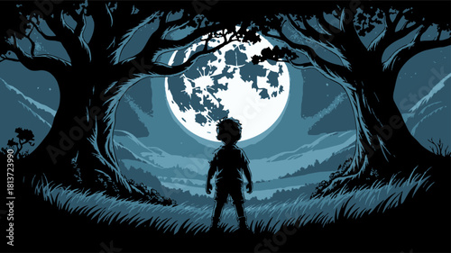Dreaming Under the Moonlight: A lone child stands in a mystical forest, gazing at a breathtaking full moon, embodying wonder and curiosity under the night sky.