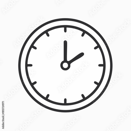 Simple black outline of a round clock face with hour and minute hands pointing to 1:50 on a white background