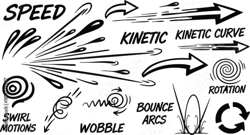 Hand drawn vector elements set for comic speed kinetic curve effects swirl motions and arcs