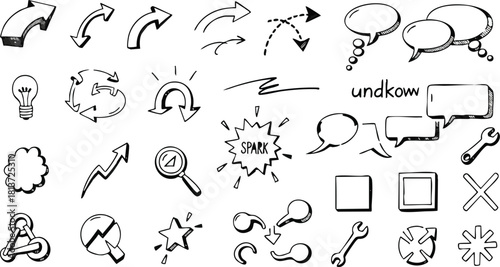 Hand drawn vector set of utility doodle elements arrows light bulbs speech bubbles and tools sketch