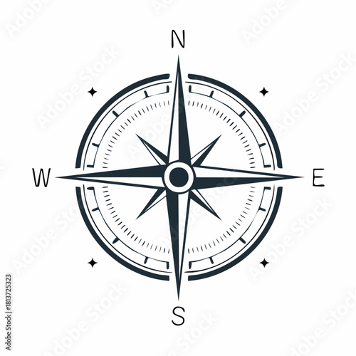 Detailed Dark Blue Compass Rose with Cardinal Directions and Star Accents on White Keywords: compass, rose, navigation, direction, north, south, east, west, cardinal, points, symbol, graphic