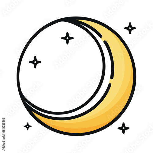 Yellow Crescent Moon with Four Sparkle Stars on White Background night
