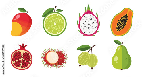 Assortment of vibrant fresh fruits isolated on white background for design