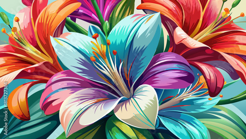 Very beautiful close-up of pretty multicolor lily flowers, showcasing vibrant petals in soft gradients, detailed stamens, gentle natural texture, and a bright fresh botanical appearance.
