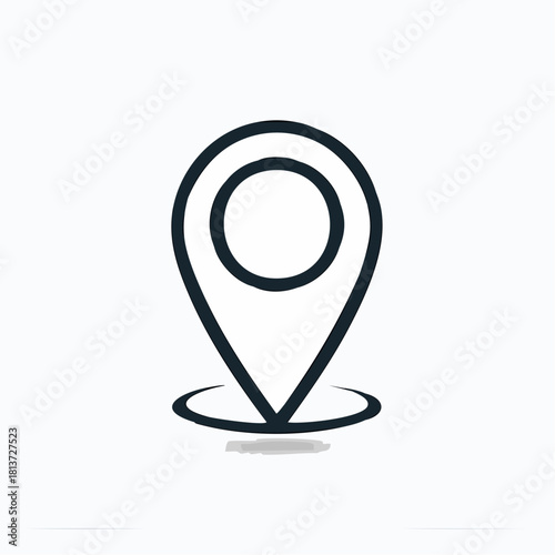 Simple black line drawing of a map pin icon with a shadow on a white background location marker geolocation