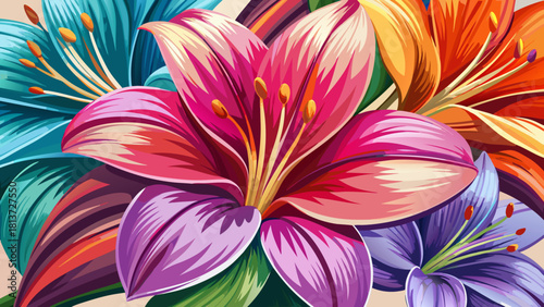 Very beautiful close-up of pretty multicolor lily flowers, showcasing vibrant petals in soft gradients, detailed stamens, gentle natural texture, and a bright fresh botanical appearance.