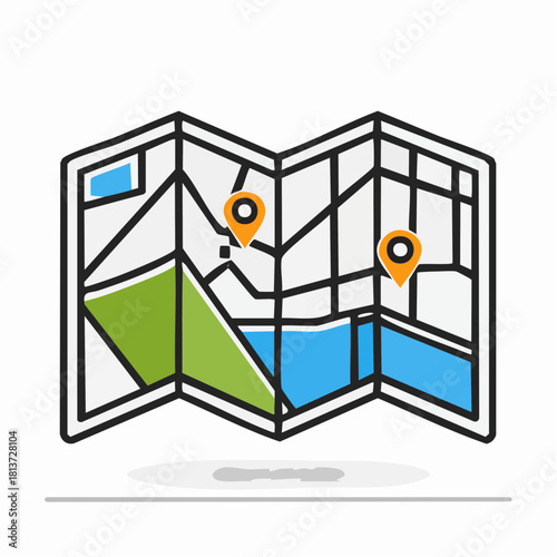 Folded map with green park and blue water areas and orange location pins navigation