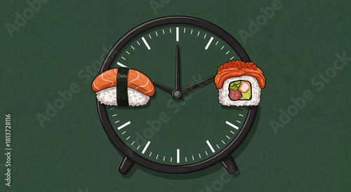 Sushi clocks showing time on black and green background  