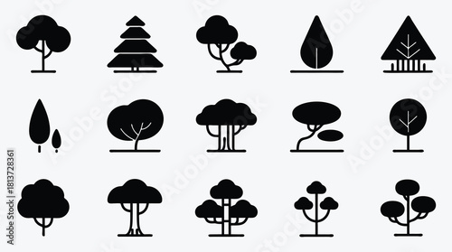 Collection of minimalist tree icons for forest concept and design elements