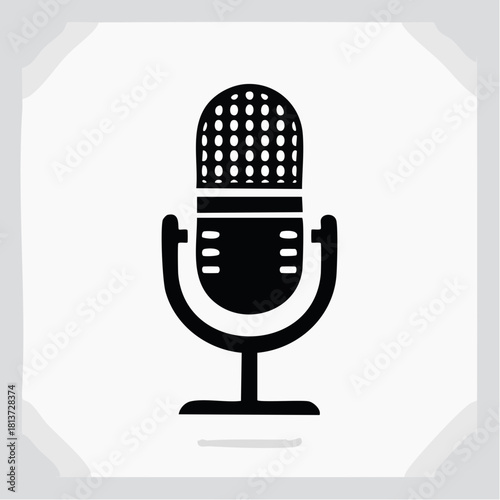 Black Silhouette of a Vintage Microphone on a White Background with Shadow audio sound