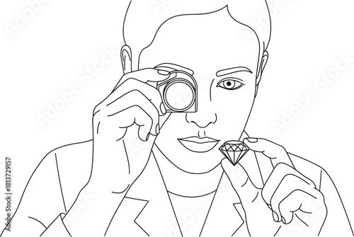 Gemologist Inspecting Diamond with Jeweler's Loupe - Line Art Vector Illustration