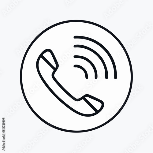 Black outline icon of a ringing telephone handset within a circle symbol call