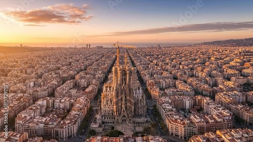 Aerial view of Barcelona's cityscape, featuring the Sagrada Familia at sunset, showcasing urban planning.
