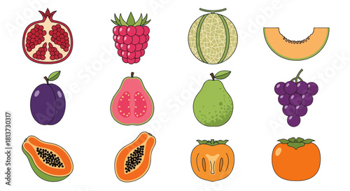 Assortment of vibrant illustrated fruits isolated on white background